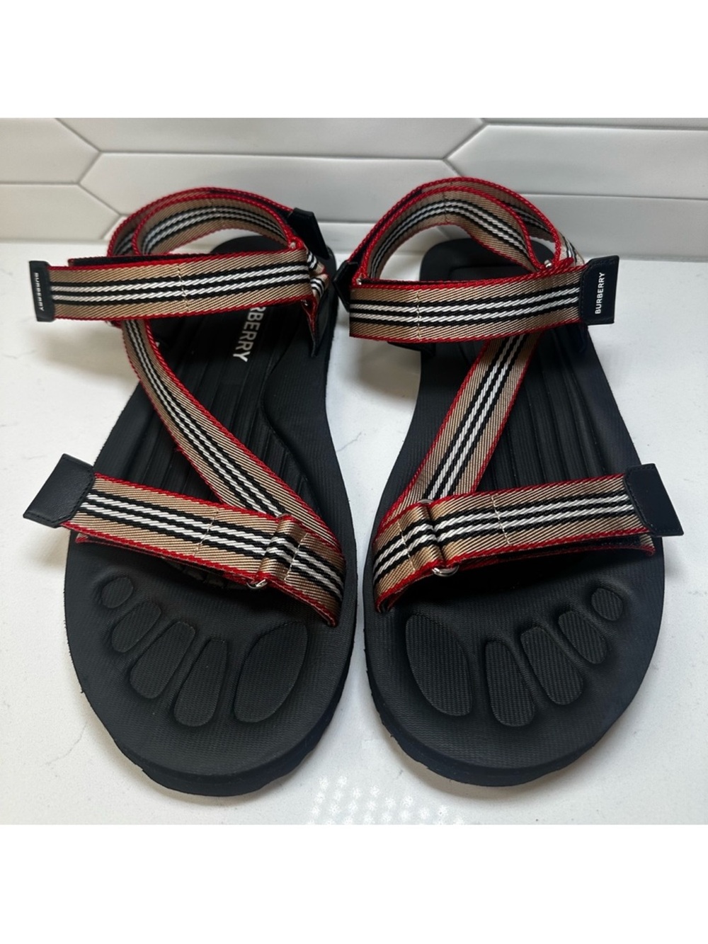 Burberry Black Sandals with Beige and Red Striped Webbing
